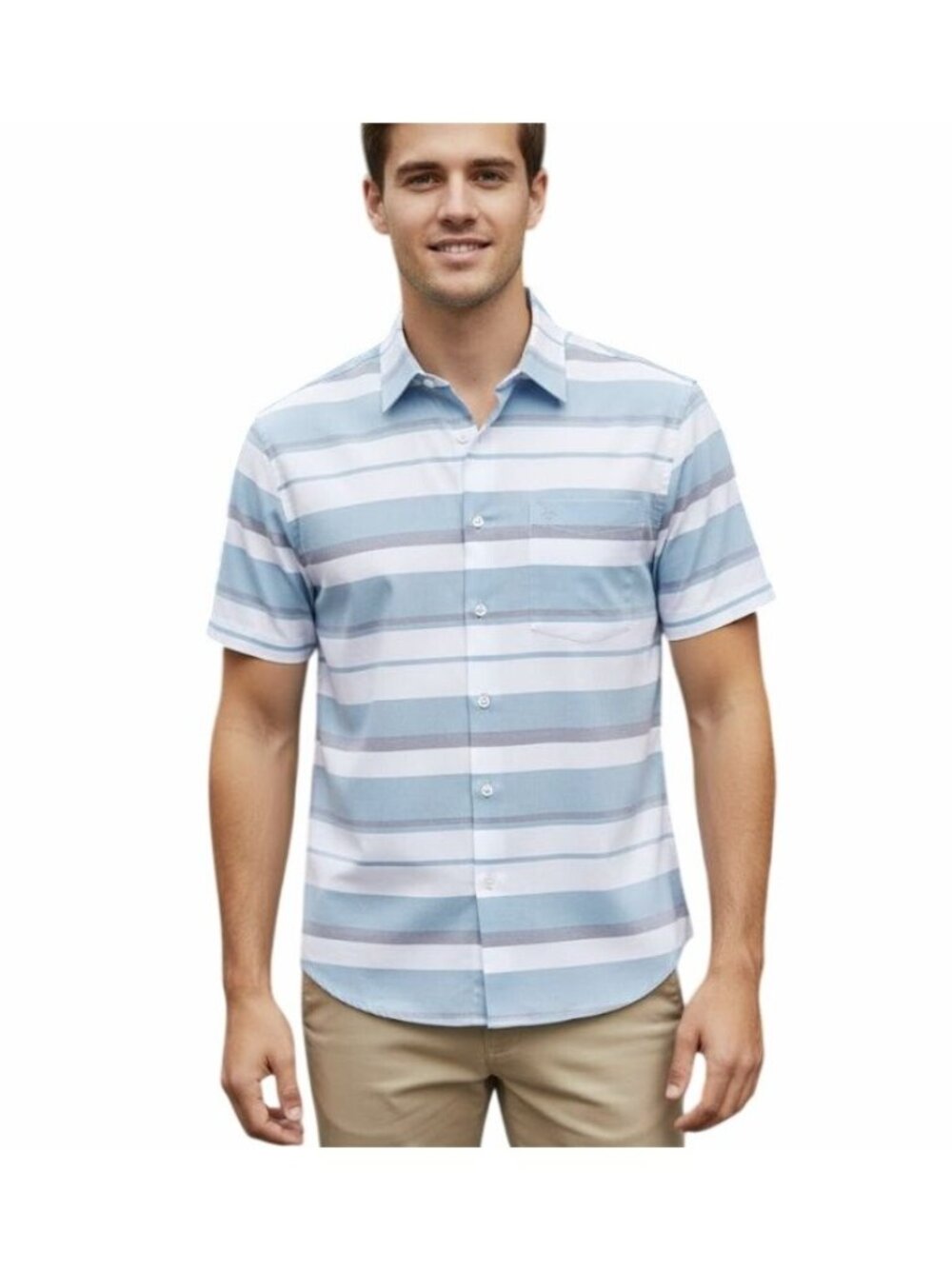 ⭐Perry Ellis Men's Sz L Shirt White Blue Striped Short Sleeve Cotton Collar NEW⭐